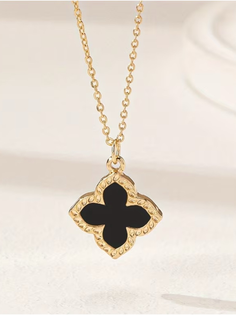 Gold-Tone Clover Pendant Necklace With Black Inlay